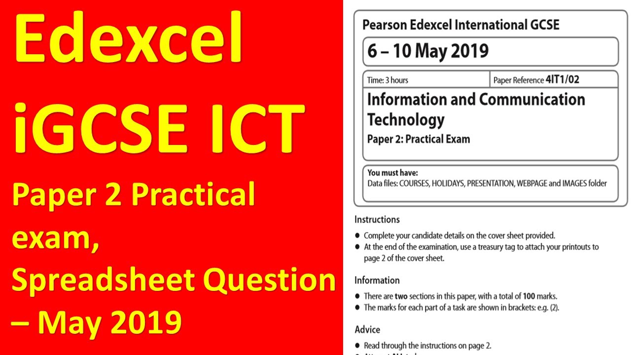 Edexcel iGCSE ICT Paper 2, Spreadsheet Question - May 2019