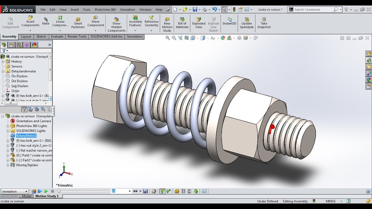Somun Civata Yay Animasyonu Solidworks Screw and Spring