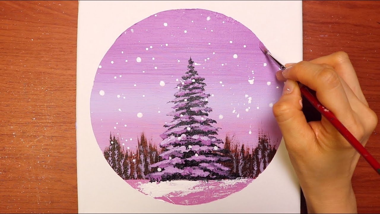 Winter Landscape l Easy & Simple Acrylic Painting Techniques l Circle Canvas l Satisfying Demo #95
