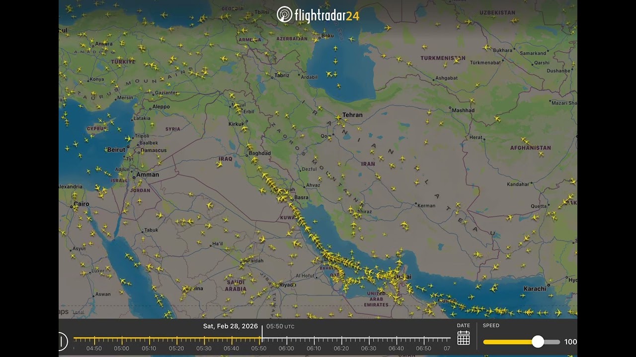 Flight Animation Captures Air Traffic Clearing Iran Amid US-Israel Attack
