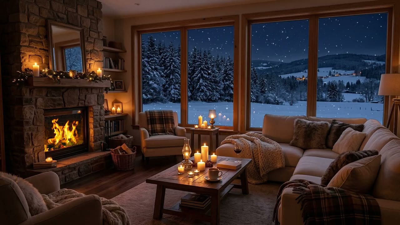 Cozy Living Room 🔥 Fireplace Glowing Warmly While Snow ❄️ Drifts Past Frosted Window