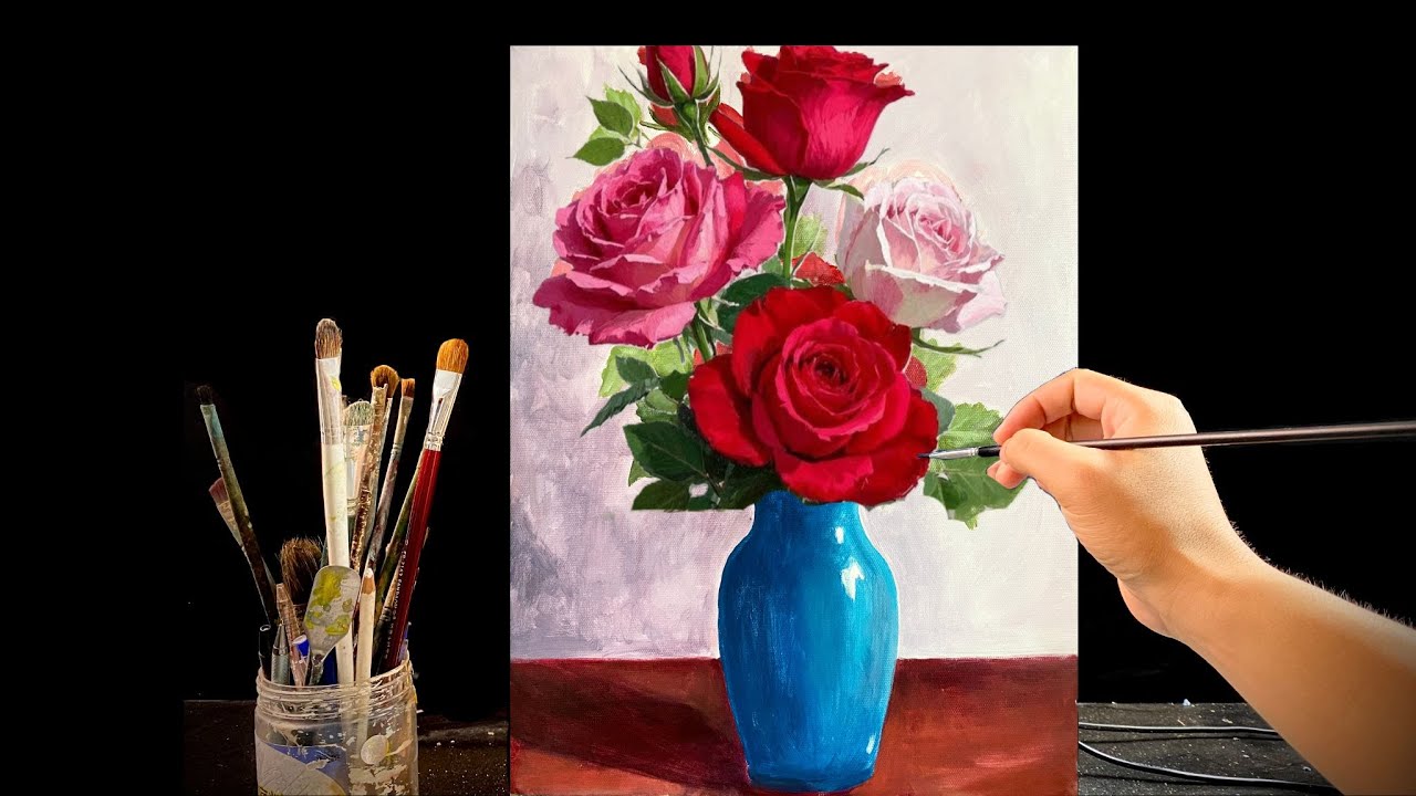 🎨 Painting Beautiful Roses in a Blue Vase | Relaxing Acrylic Painting Tutorial  | #147