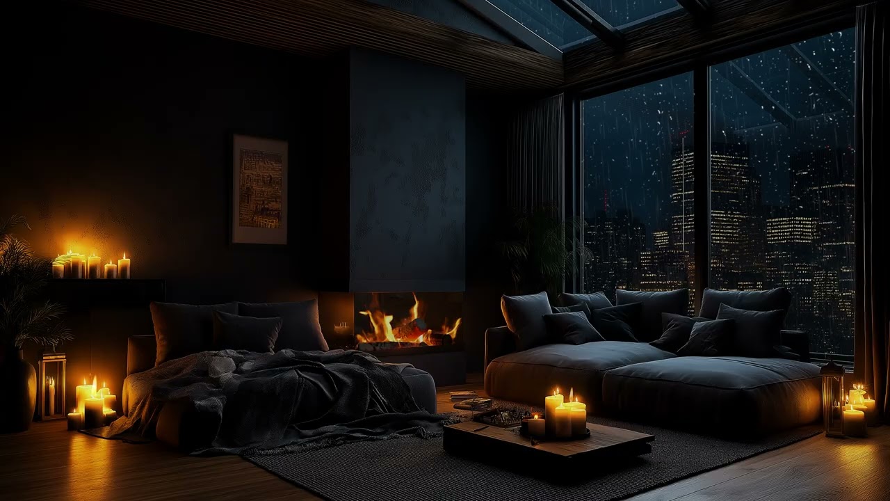 Cozy Living Room on a Rainy City Night | Fireplace Crackling and Sleeping Cat Relax Ambience