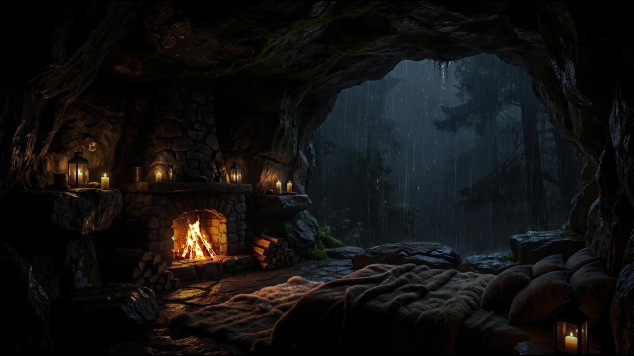 🌧️ Cozy Cave Rain & Fireplace Sounds | Deep Sleep ASMR for Stress Relief