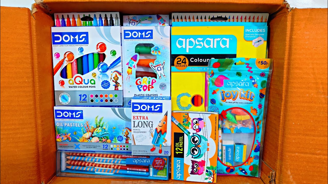 Unboxing Doms Stationery Items, Apsara Joy Kit, Brush Pen, Plastic Crayons, Oil Pastel, Water Colour