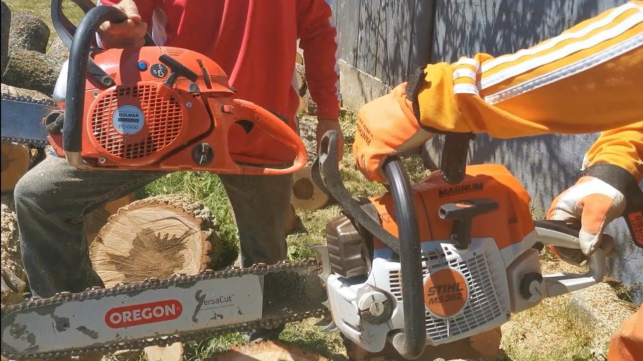 STIHL 362-59 cc, blade 45 cm-chain RD3 vidia vs DOLMAR 6400-64 cc, blade 40 cm- chain RD3 vidia.