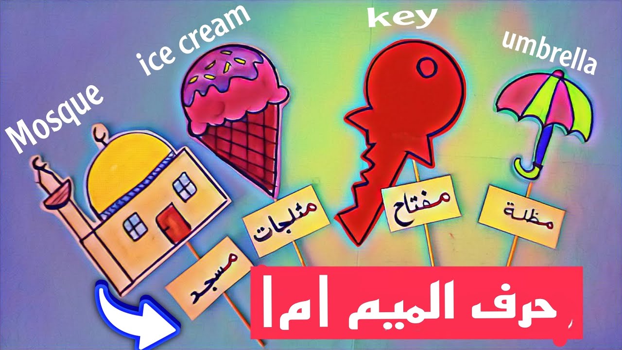 نشاط حرف الميم |م| مفتاح key  مظلة umbrella مثلجات ice cream مسجد mosque #cards