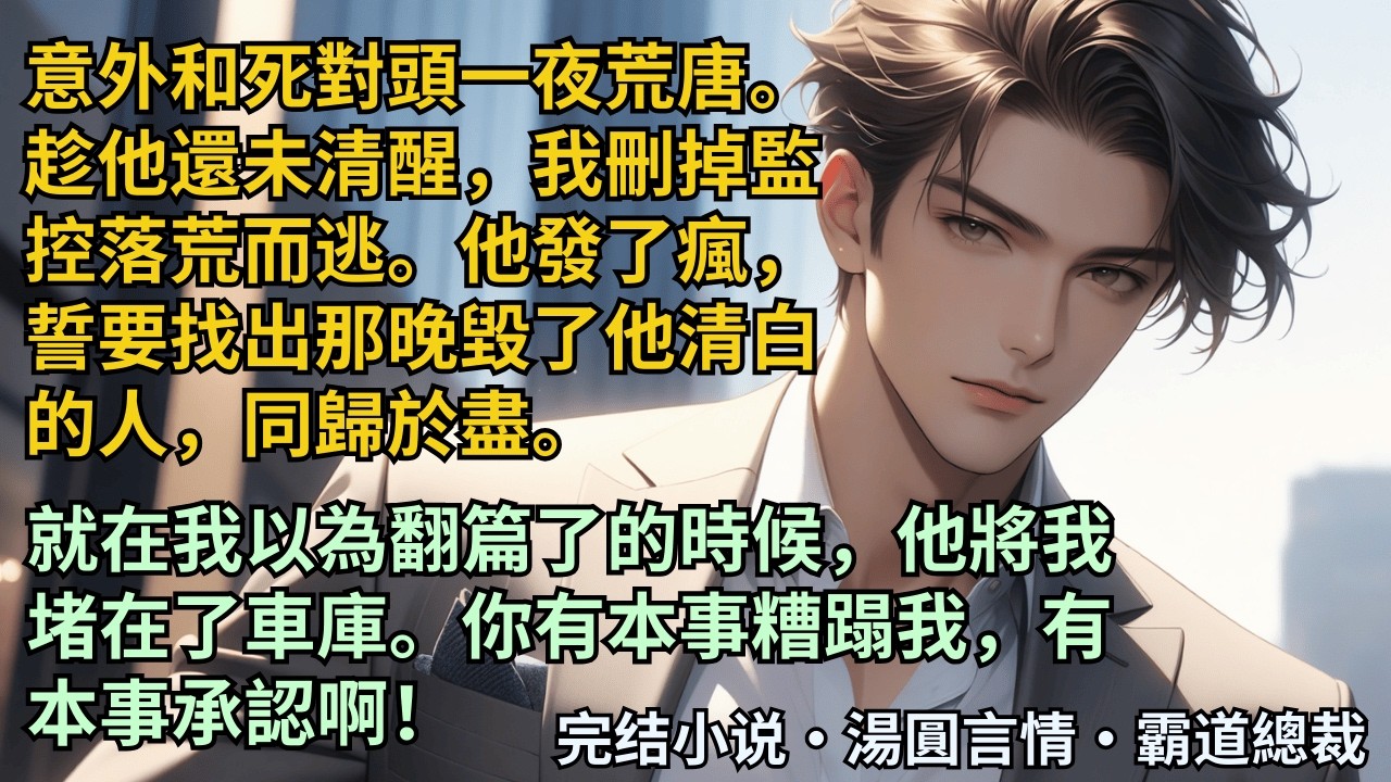 【完結小說】意外和死對頭一夜荒唐。趁他還未醒我刪掉監控落荒而逃。他發了瘋誓要找出那晚毀了他清白的人。就在我以為翻篇了的時候，他將我堵住：你有本事糟蹋我，有本事承認啊！#小說 #爽文 #甜文 #霸道總裁