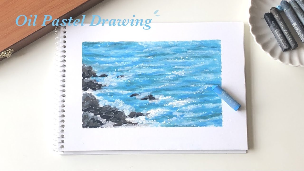 Drawing sparkling ocean and water waves with oil pastels ✨ | easy seascape painting for beginners