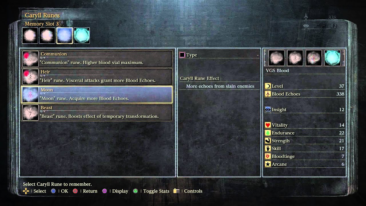 Bloodborne - Hunter's Dream: Memory Altar (Apply Caryll Runes) Communion, Heir, Moon Runes Details
