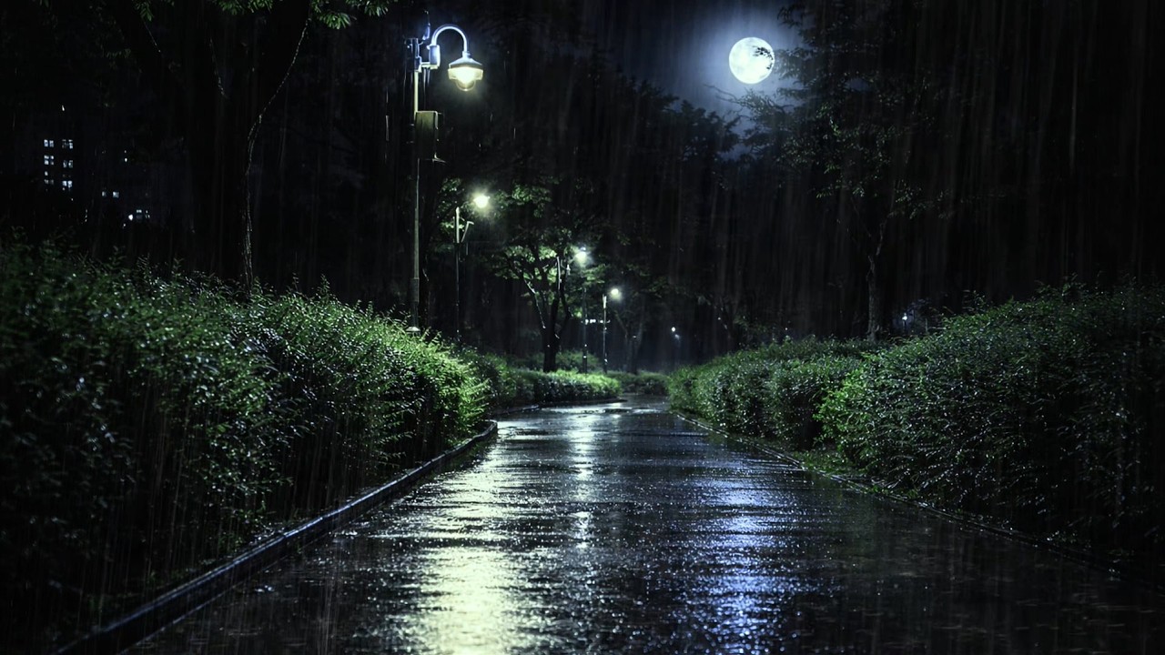 Rain Sounds for Sleep in a Misty Night Park 🌧️ Heavy Rain, No Thunder (1 Hour Black Screen)