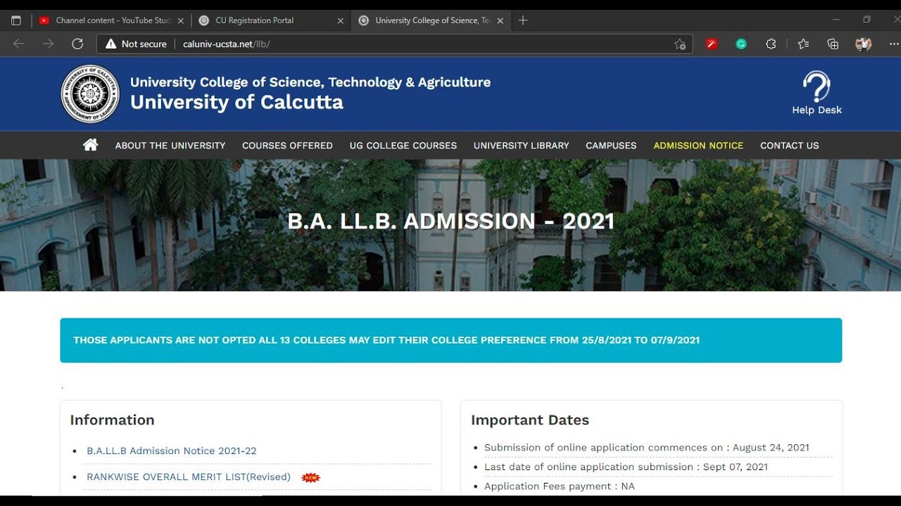 PROCESS  FOR BA LLB, ADMISSION TO THE DEPARTMENT OF LAW, C.U.