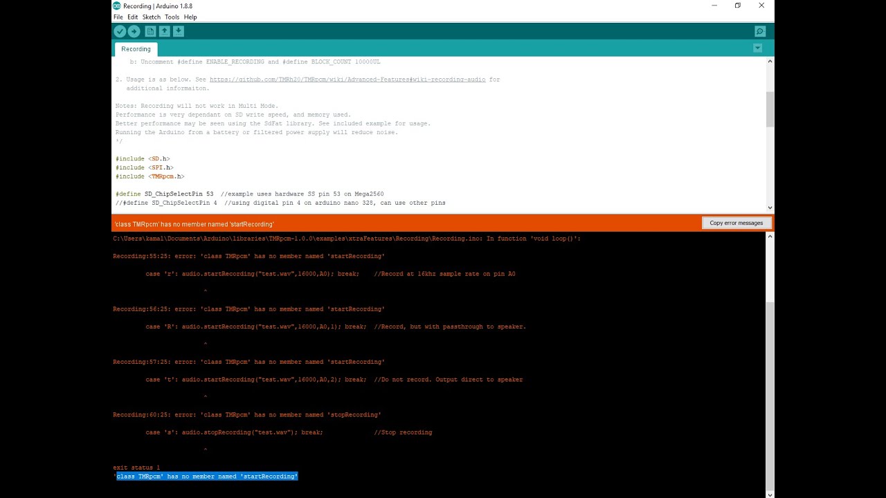 class TMRpcm' has no member named 'startRecording' error, arduino uno, nano and lower