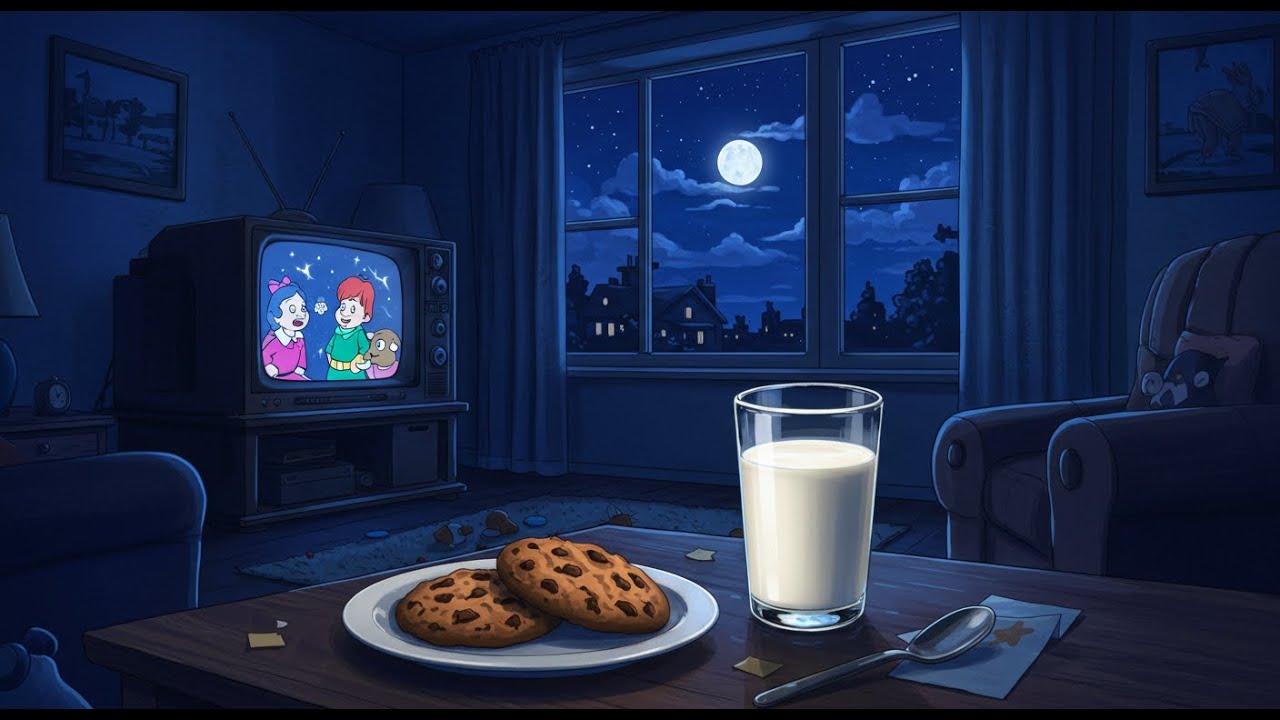 A Cozy Childhood Night with Cartoons, Milk & Cookies, Crickets & Wind | Sleep & Study Ambience
