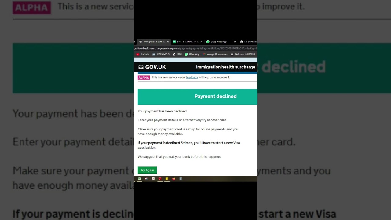 UK IHS and Visa fees payment declined error
