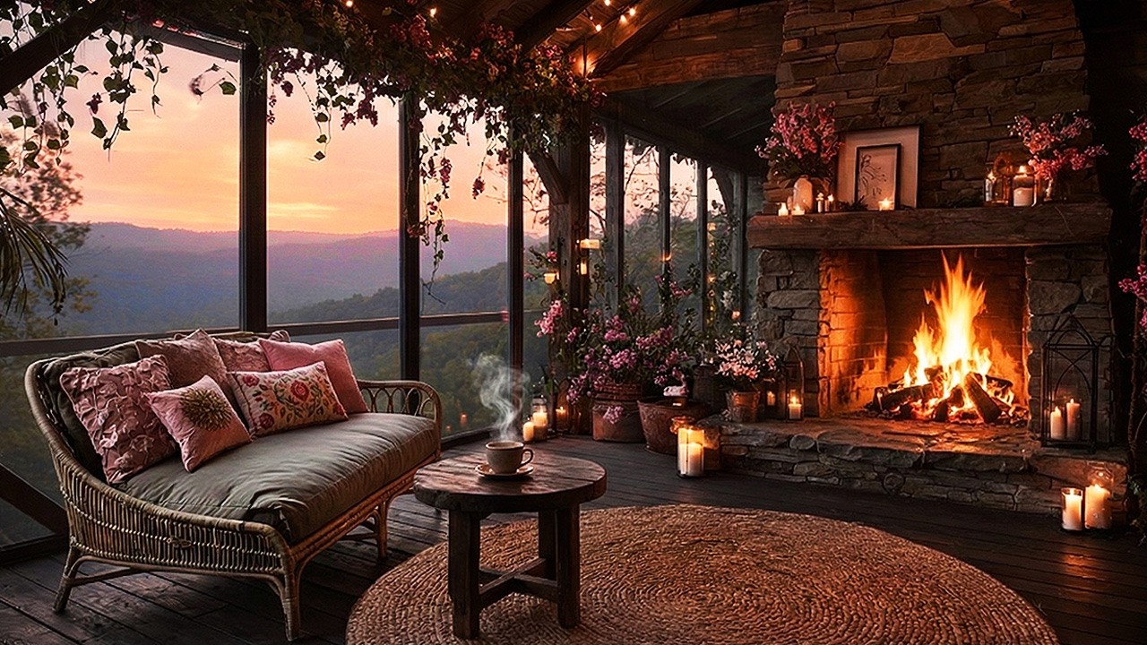Soft Acoustic Guitar to Unwind | Quiet Spring Sunset Coffee & Cozy Fireplace Ambience (3 Hours)