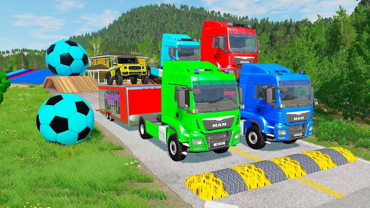 Flatbed Trailer McQueen Transportation with Truck - Speedbumps vs Cars vs Train - BeamNG.Drive #192