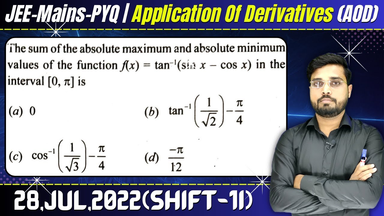 The sum of the absolute maximum and absolute minimum values of the function f(x) = tan-1 (sinx-cosx)