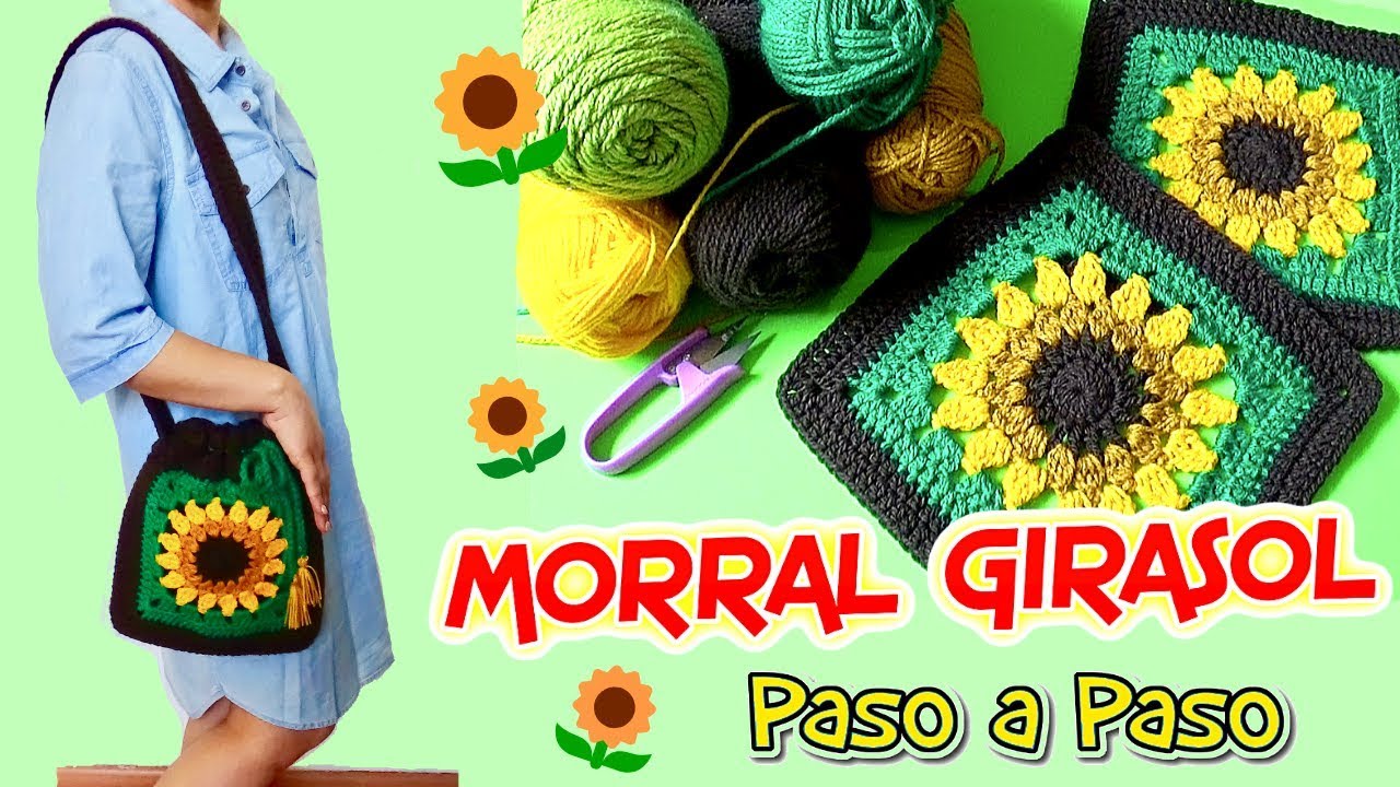 MORRAL CON CUADROS DE GIRASOL 🌻 TEJIDO A CROCHET 🌻PASO A PASO🌻con Forro