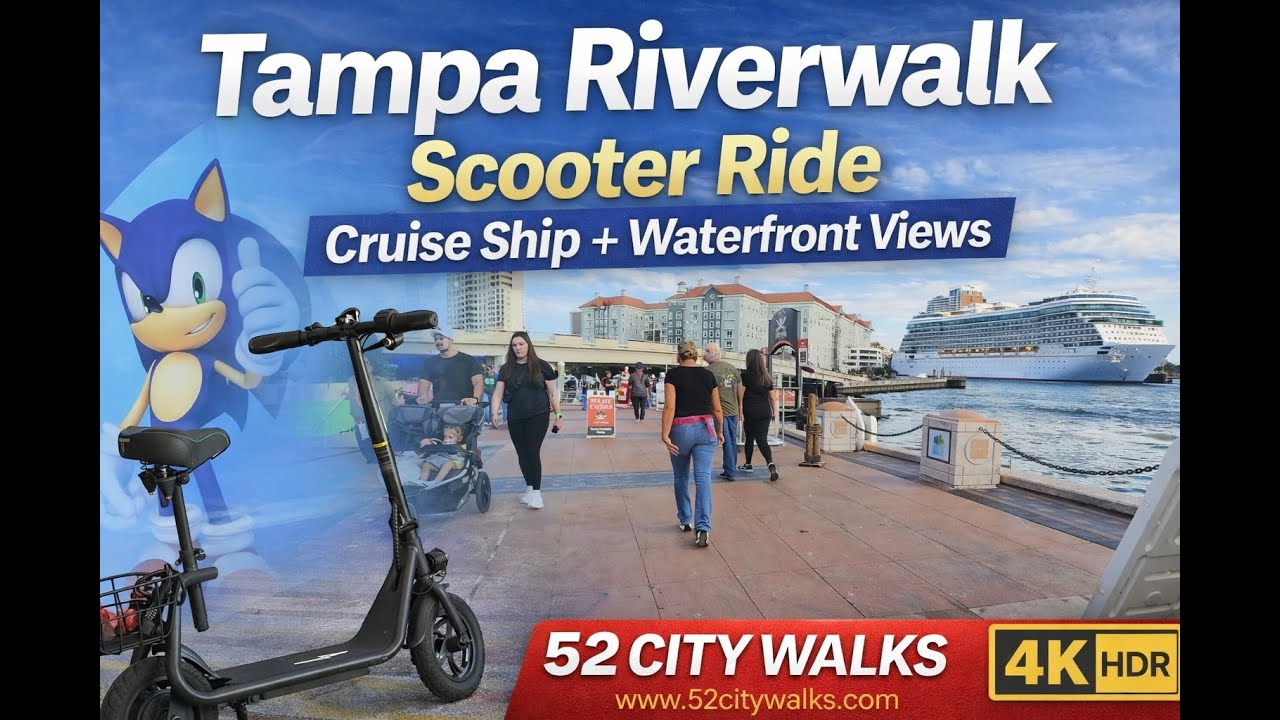 Tampa Riverwalk Waterfront Scooter Ride 🚲 | Armature Works to Cruise Ship | Tampa Bay Florida 4K HDR