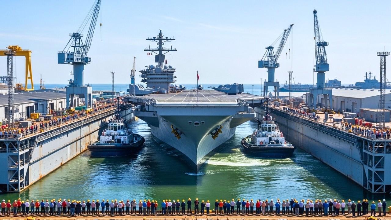 Así sacan del DIQUE SECO al PORTAAVIONES más grande del mundo