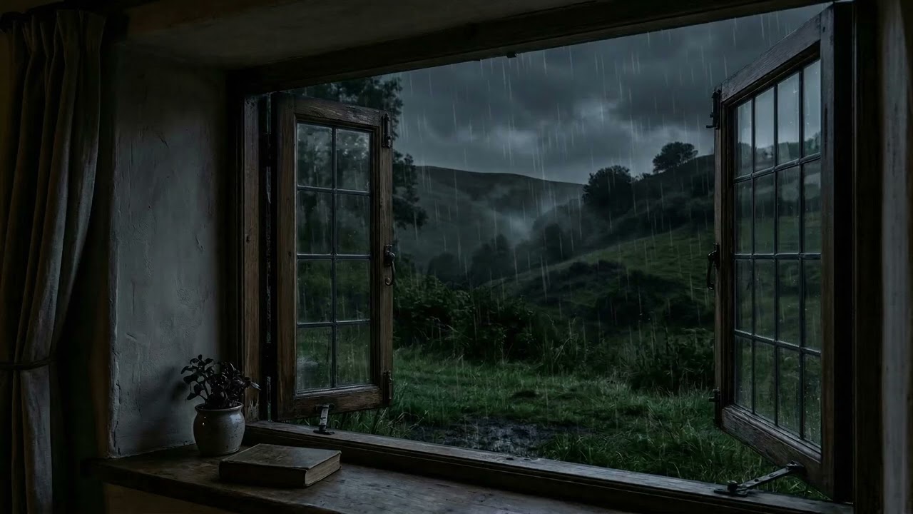 Gentle Night Rain 🌧️ Sliding Down A Quiet Window While Rolling Hills 🌾 Rest In Mist