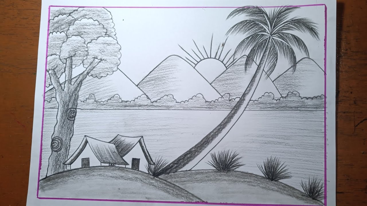 How to Draw a Beautiful Village River Scenery Step by Step | Sunrise Countryside Landscape Drawing