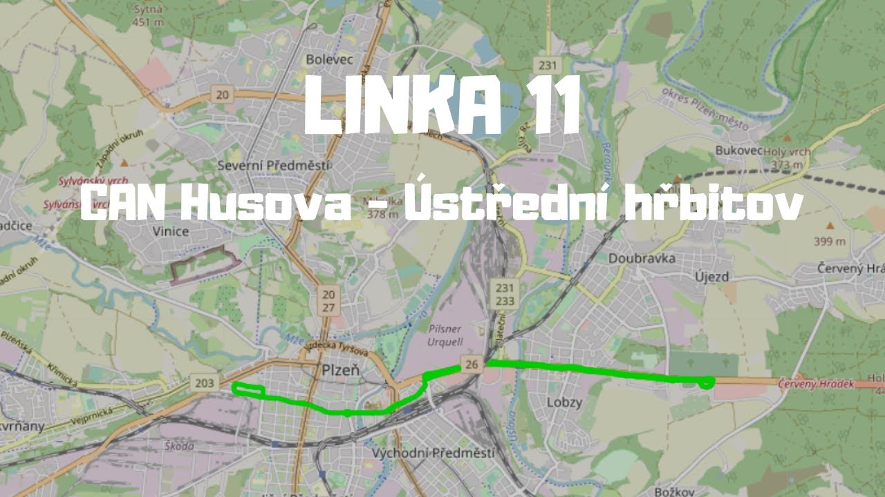[Plzeň] Linka 11 | CAN Husova - Ústřední hřbitov | pohled zezadu | celá linka