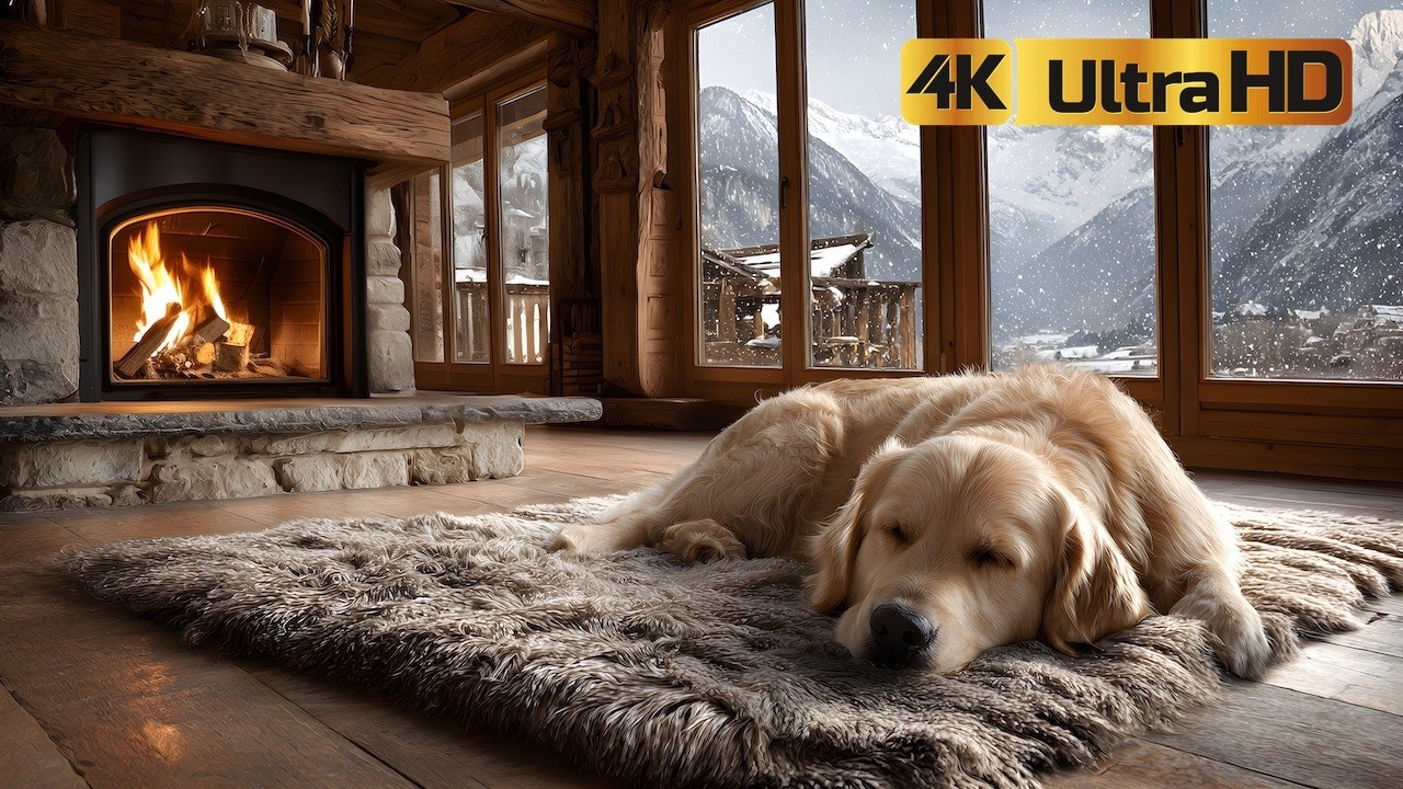 8 Hours Cozy Fireplace & Snow Ambience  Sleeping Golden Retriever Dog | Relaxing Winter Cabin Sounds