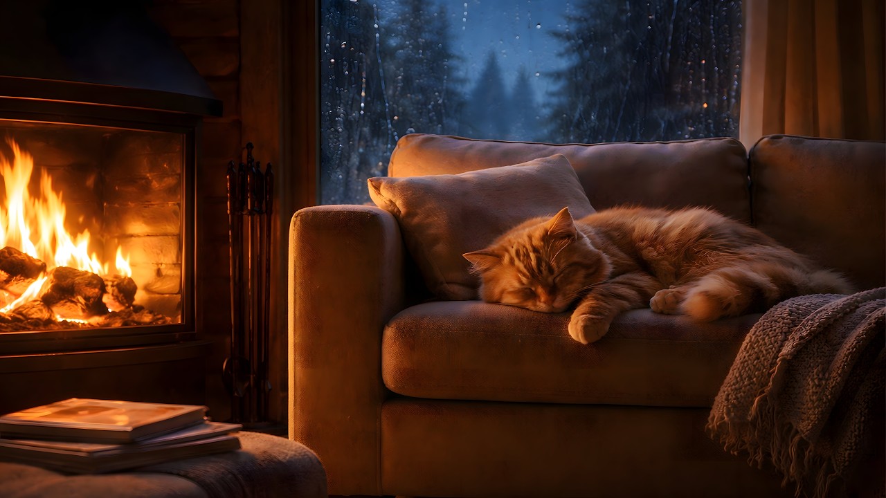 Rainy Night by the Fireplace with a Sleeping Cat 🐱🔥 Cozy Cabin Rain Sounds for Deep Sleep (10 Hours)