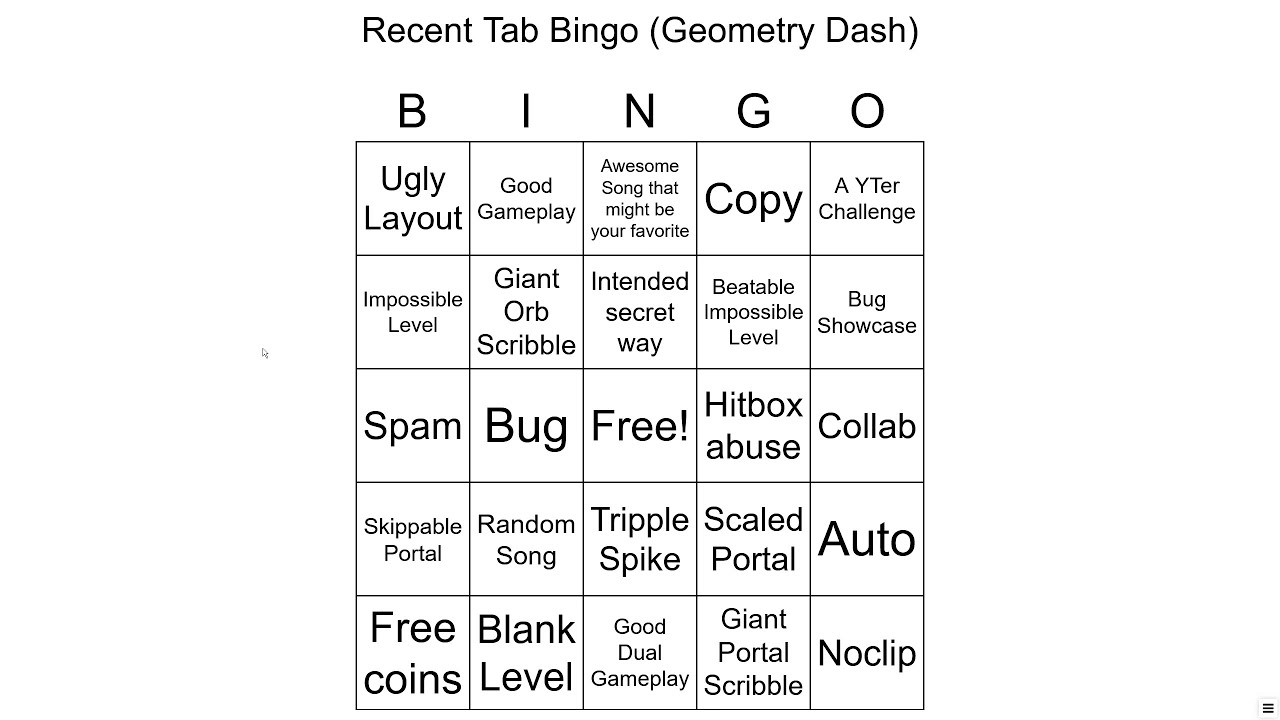GEOMETRY DASH - Recent Tab BINGO