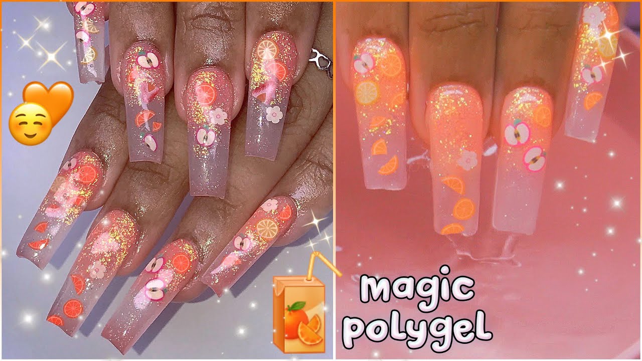 Burano Magic Polygel Kit! Milky White Orange Fimo Fruit Nails at home DIY Tutorial