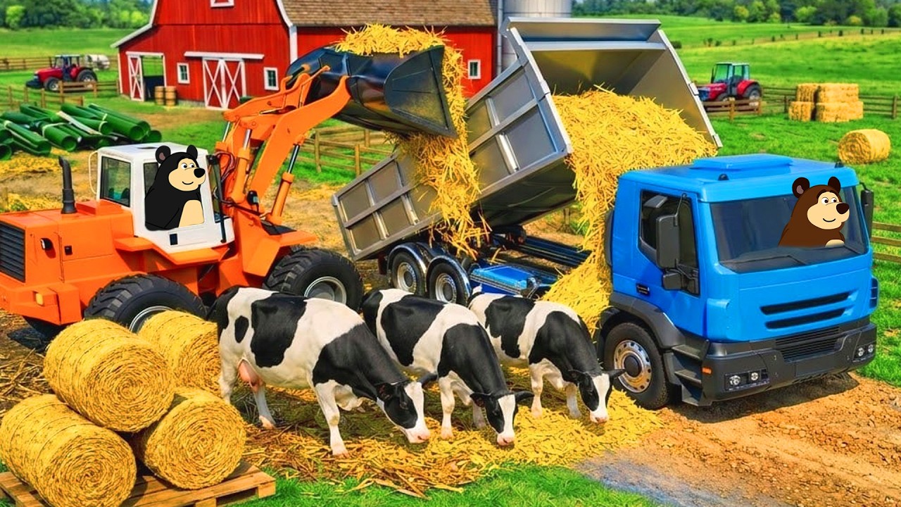 Farm Work Day: Transporting Hay &Feeding Cows, Goats & Chickens | Real Farm Animation