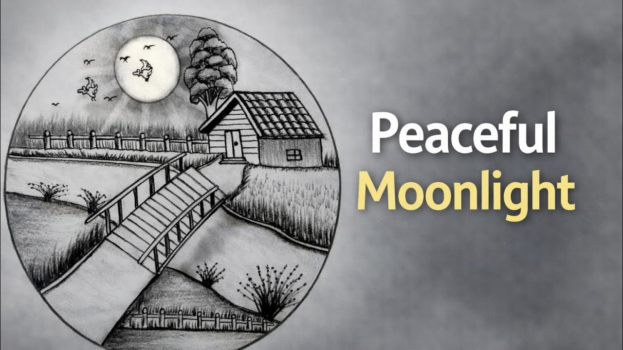 Peaceful Moonlight Village Scenery Drawing