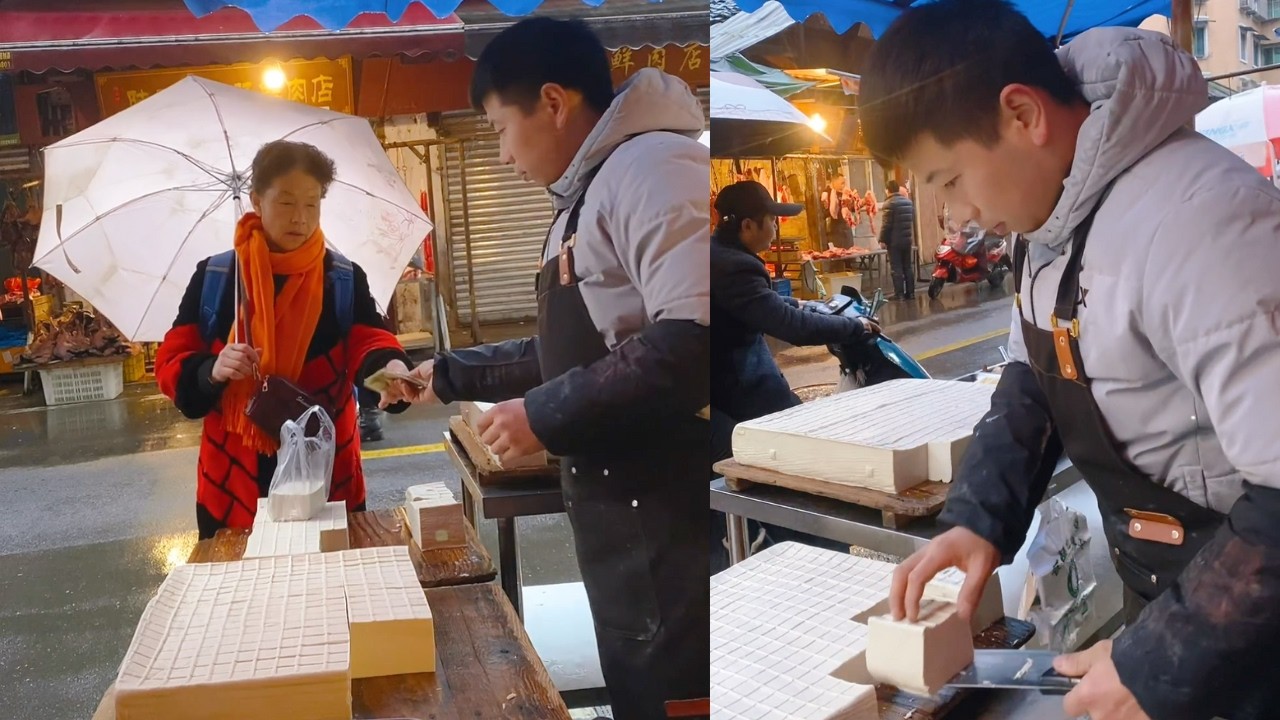 The stall sells tofu, which is freshly made and sold on February 13st.