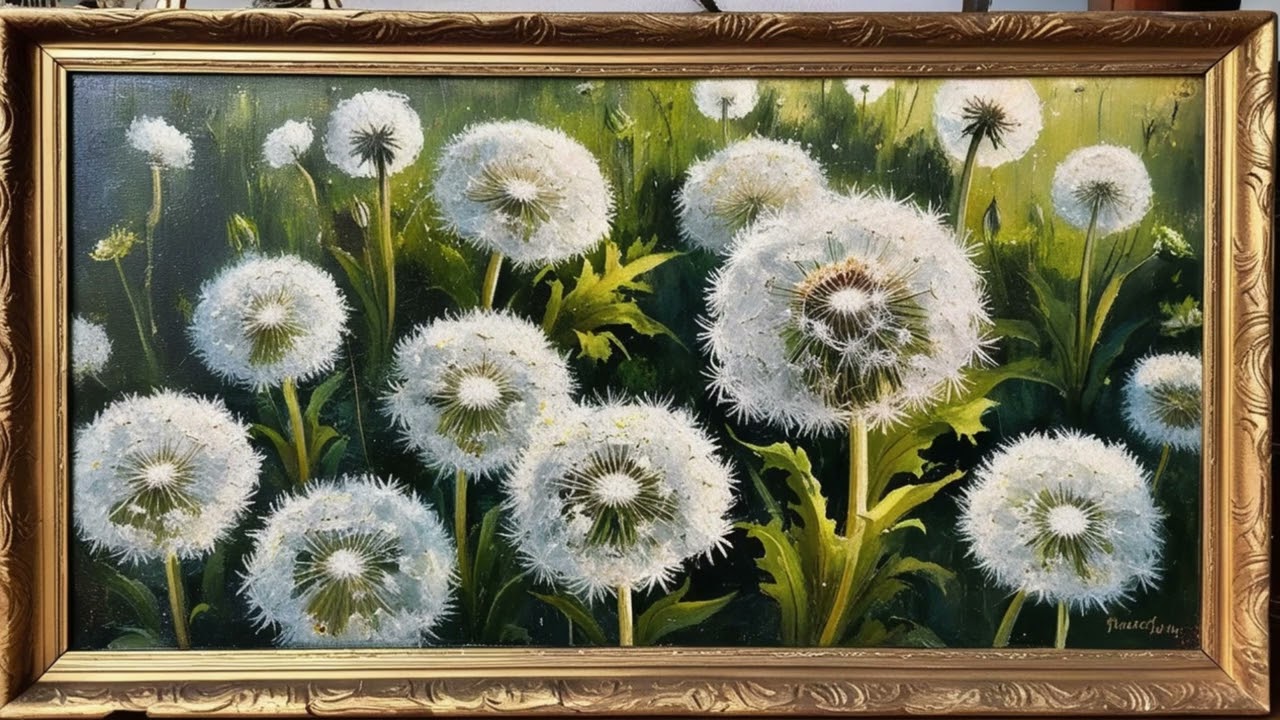 Anime Style Dandelions Painting, Breathtaking Gold Framed Vintage Art Screensaver 🌹🥀
