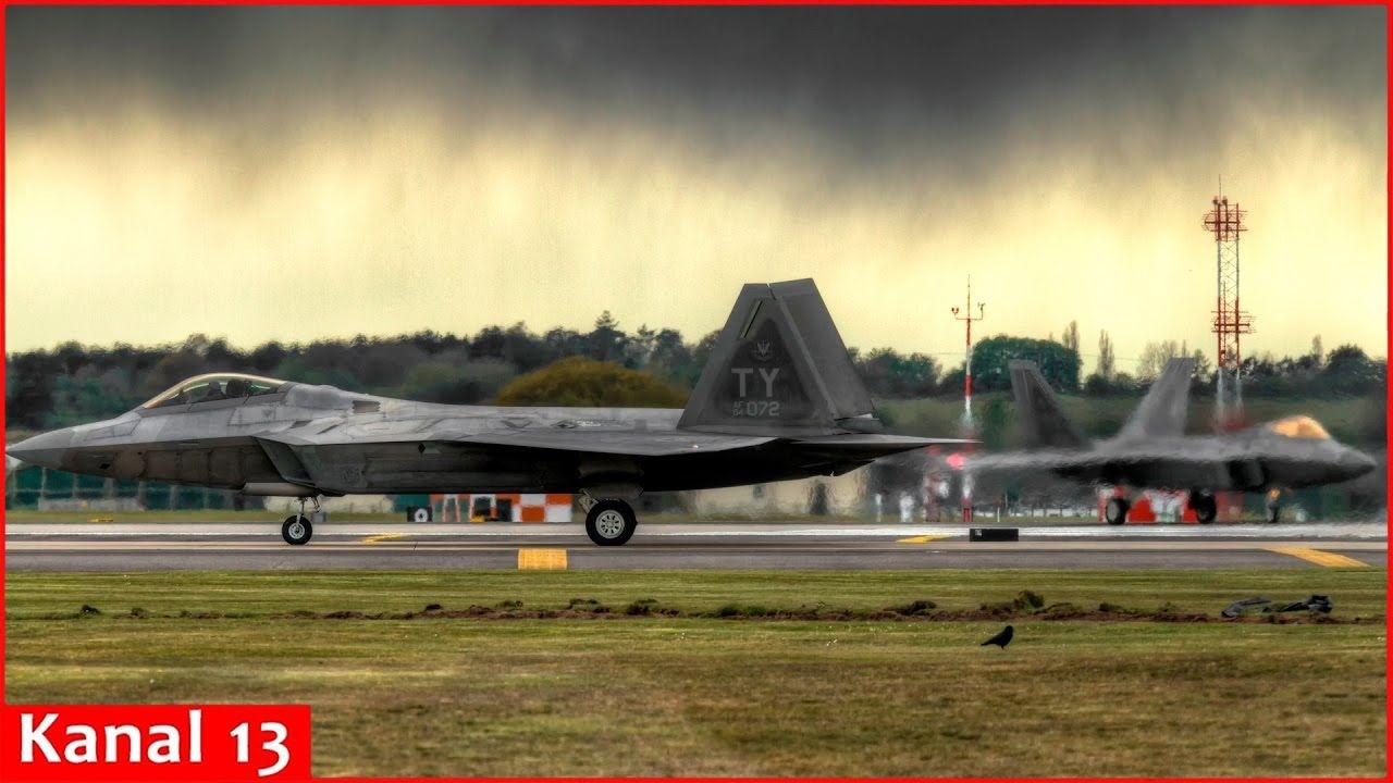 US F-22 Raptor fighter crafts depart air base in England, en route to Middle East