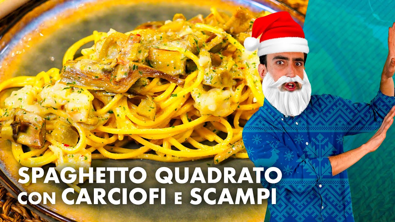 Spaghetto quadrato con carciofi e scampi