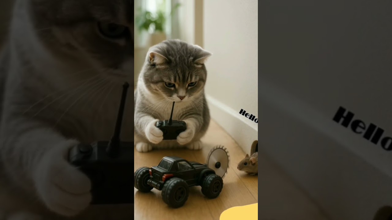 The cat made a toy killer car to kill the poor mouse