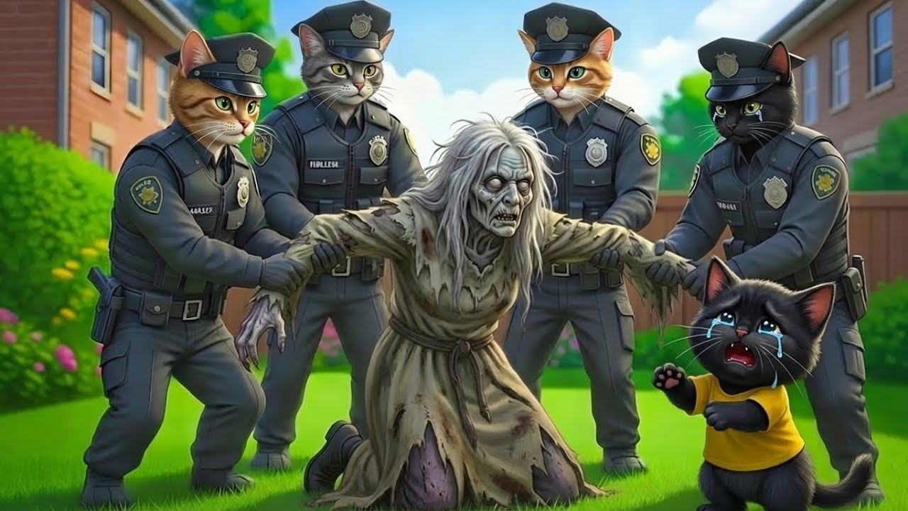 Woman Zombie Granny Enters Black Kitten's House ! Baby Kitten Terrified as Cat Police Rush In!