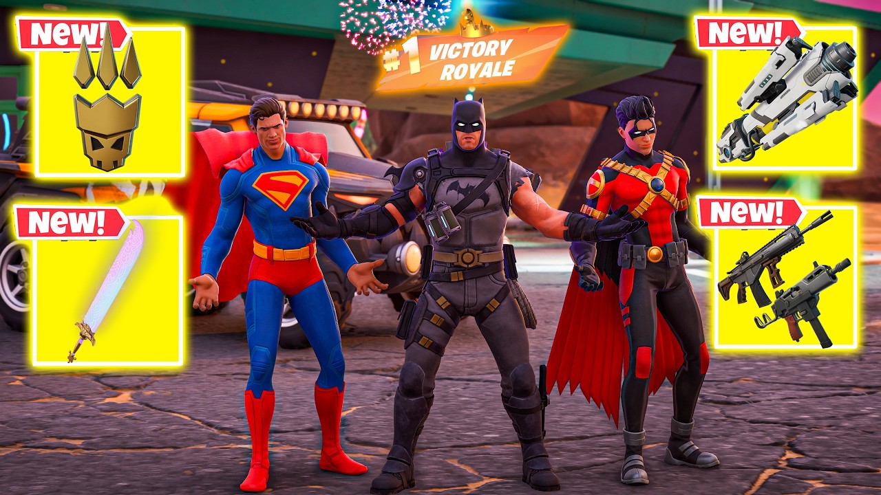 BATMAN + ROBIN + SUPERMAN vs ALL NEW MYTHIC WEAPONS ( NEW! Fortnite Chapter 7 Season 1 )