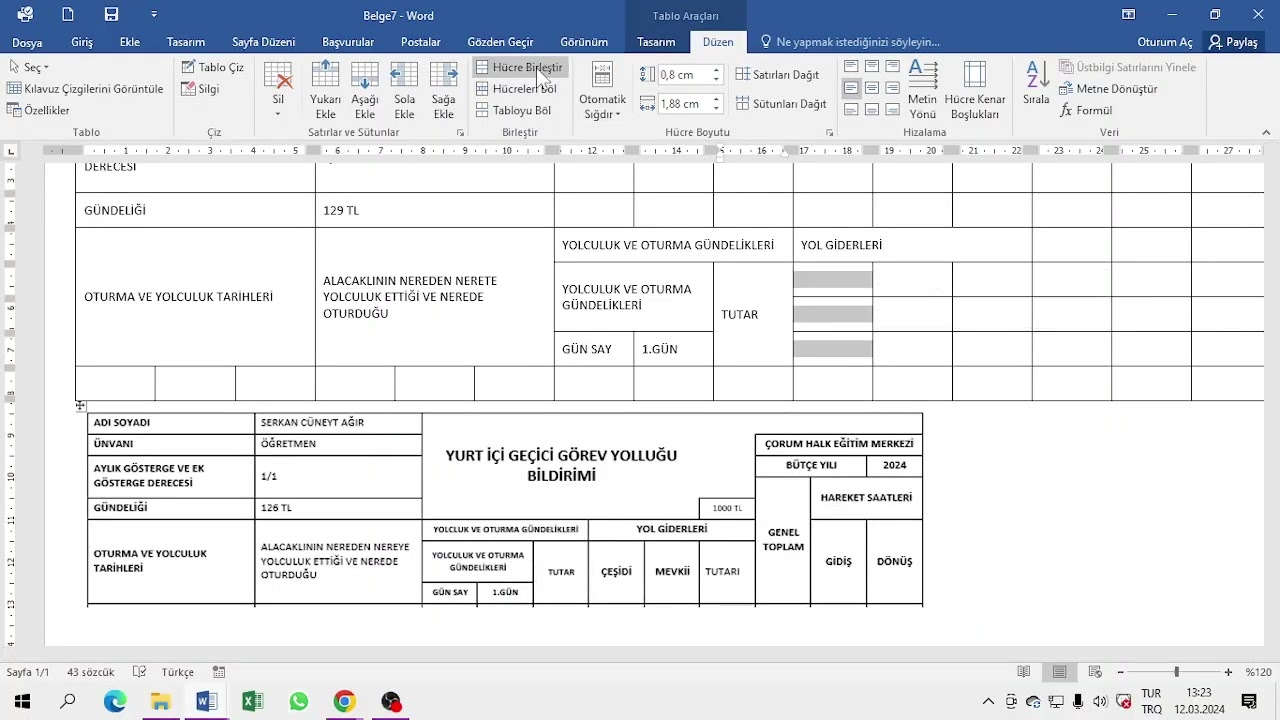 Word 2016 Yurtiçi Geçici Görev Yolluğu Tablosu Yapımı 11. Ders