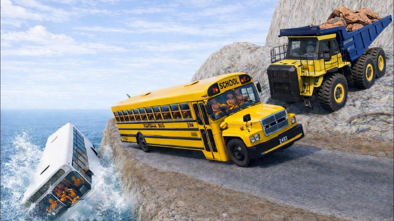BeamNG.drive School Bus Crash Test 😱 | Dangerous Cliff Road Accident 🔥 #131