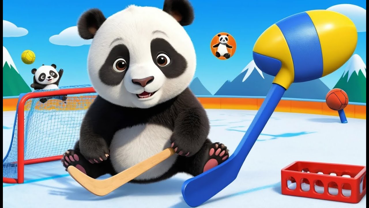 Глупый Панда играет в хоккей на льду