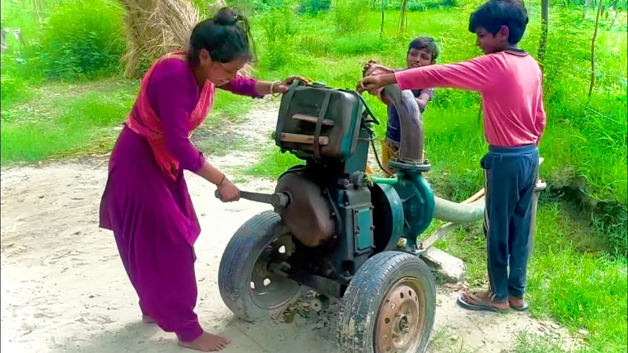 Village, beautiful girl, star digit engine water pump, set machine | powerful village, female