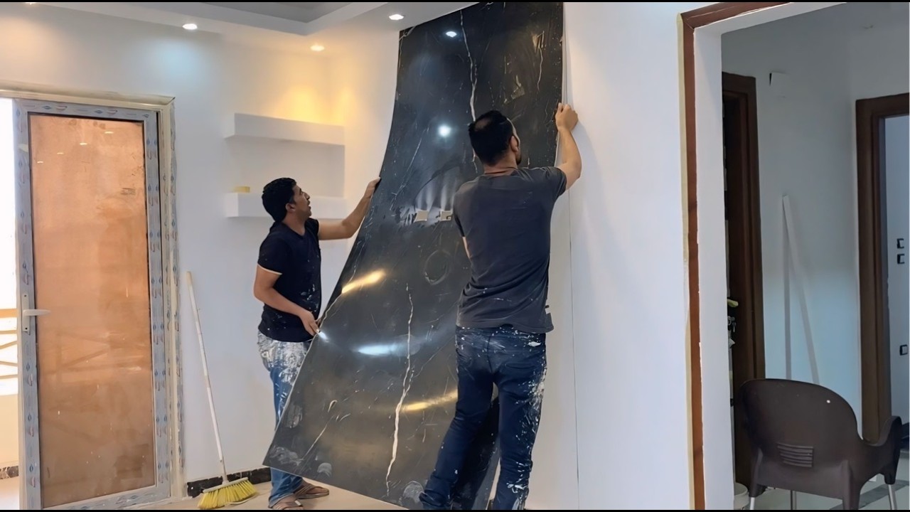 طريقة مذهلة لتركيب بديل الرخام الأسود والخشب المستورد مع شرايح استيل ذهبية