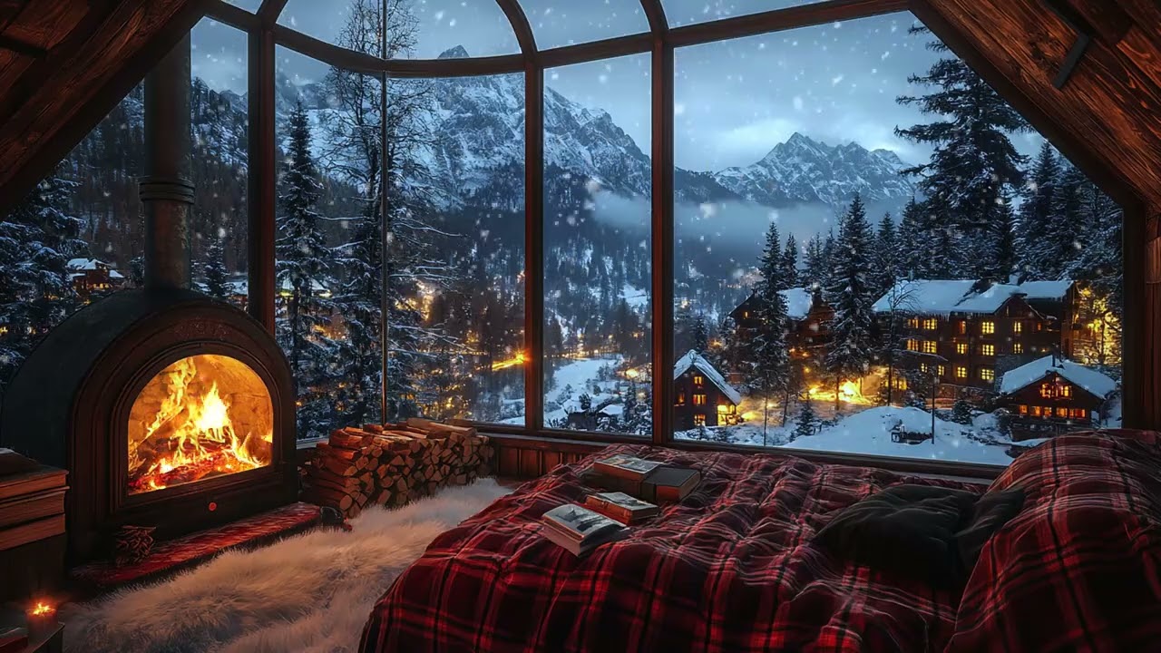 Warm Cabin Night in Falling Snow | Firelight Within, Snow Drifting Outside for Deep Sleep and Relax