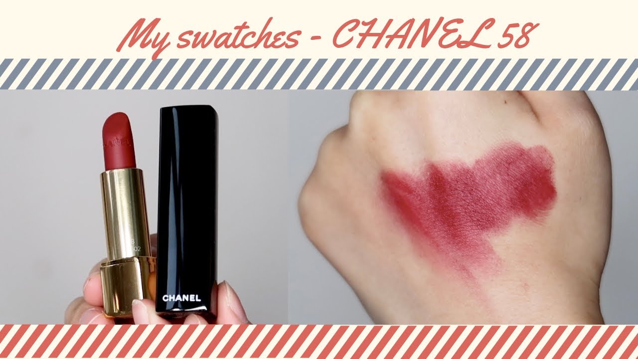 CHANEL ROUGE ALLURE VELVET lipstick 58 ROUGE VIE swatches. the true swatches without nay fliters.