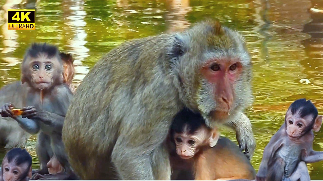 Monkey First Time pay in small lake | Mom Monkey’s Protected her Baby