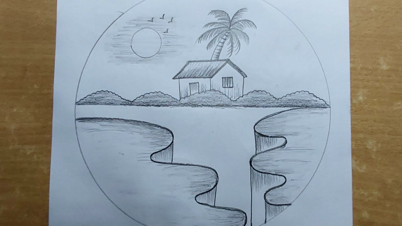 A village house with tree scenery drawing in circle| Pencil sketch scenery drawing 